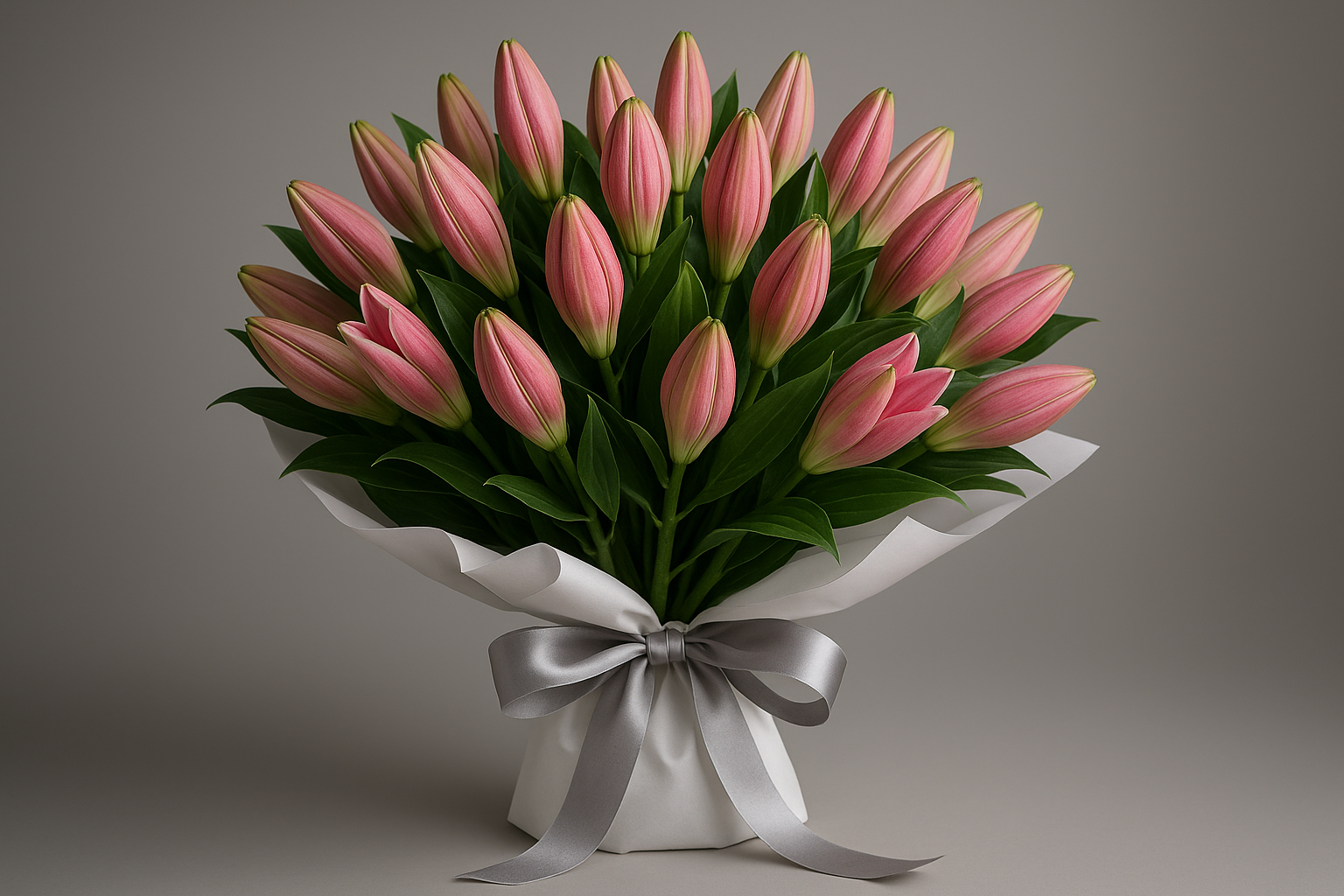 Pink lily bouquet with ribbon