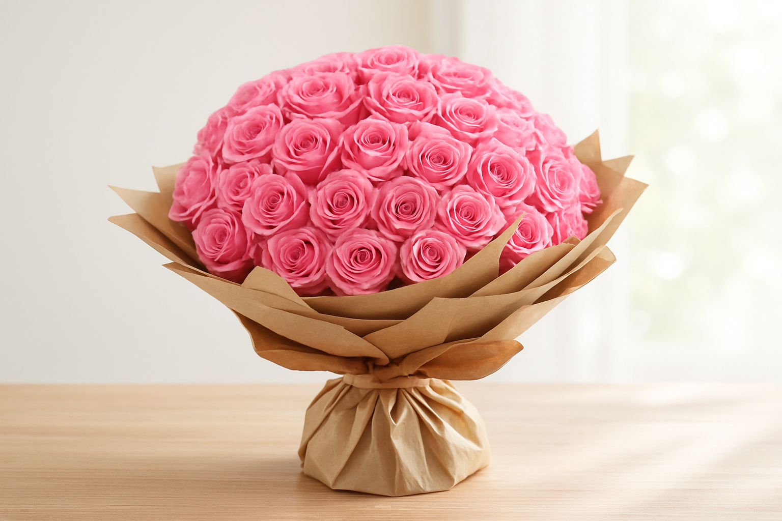 Pink Rose Bouquet on Wood Table