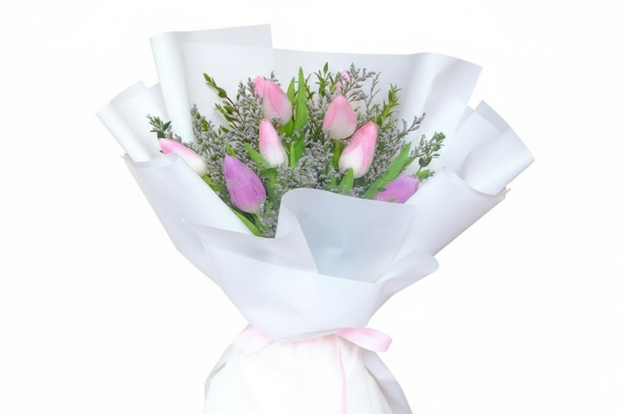 Pink Tulip Bouquet Side View - 10 Fresh Flowers