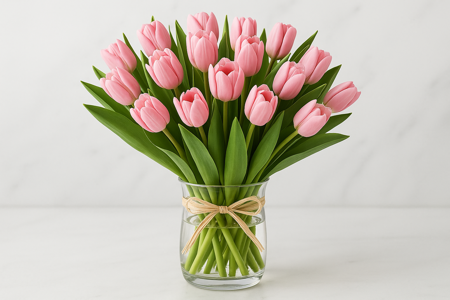 Pink tulips in 25cm clear glass vase