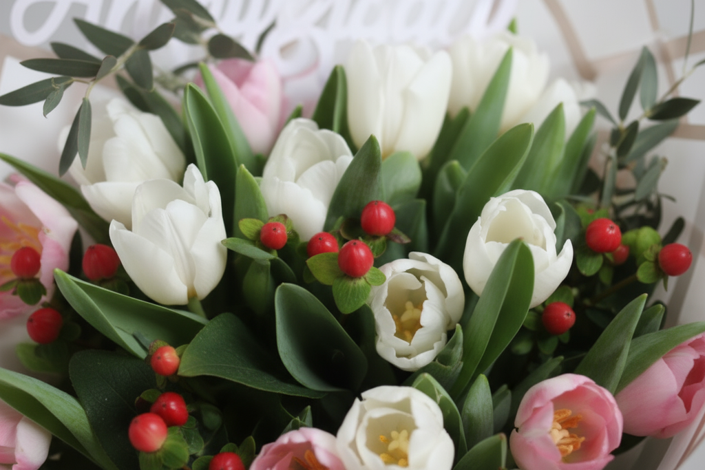Pink White Tulips Close-up with Red Hypericum Berries