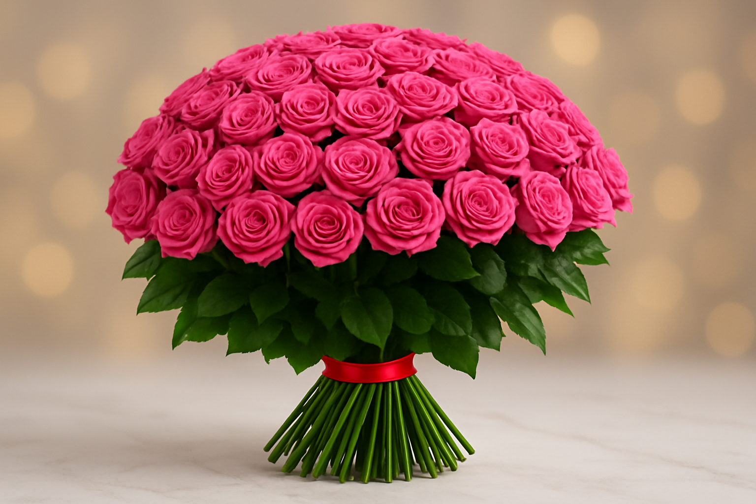 Bouquet of pink roses with a red ribbon on a blurred background