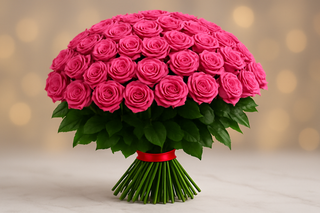 Bouquet of pink roses with a red ribbon on a blurred background