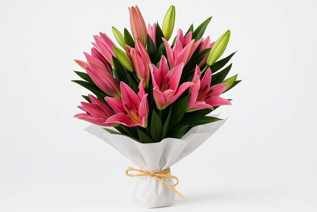 Side angle view of lily bouquet