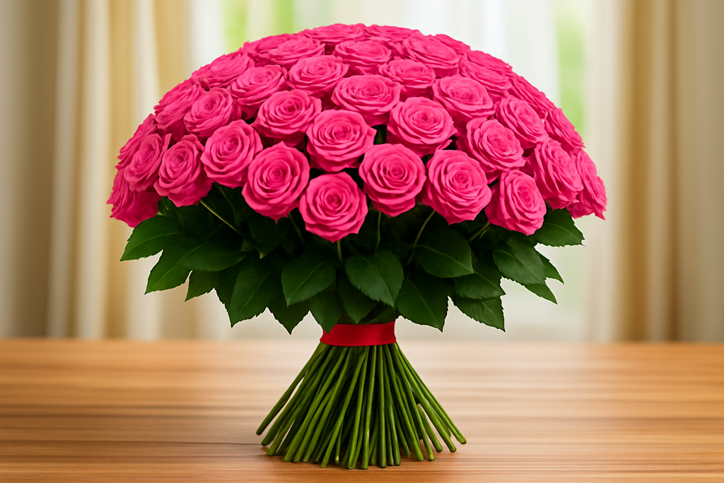 Bouquet of pink roses on a wooden table with a blurred curtain background