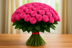 Bouquet of pink roses on a wooden table with a blurred curtain background