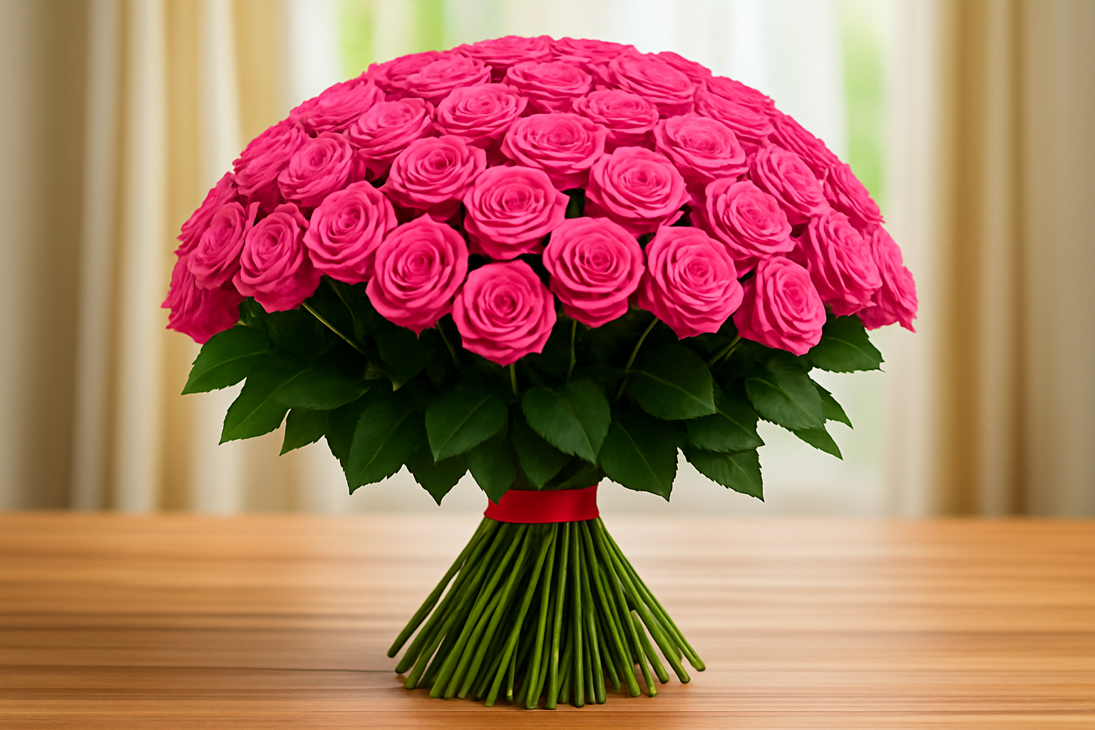 Bouquet of pink roses on a wooden table with a blurred curtain background