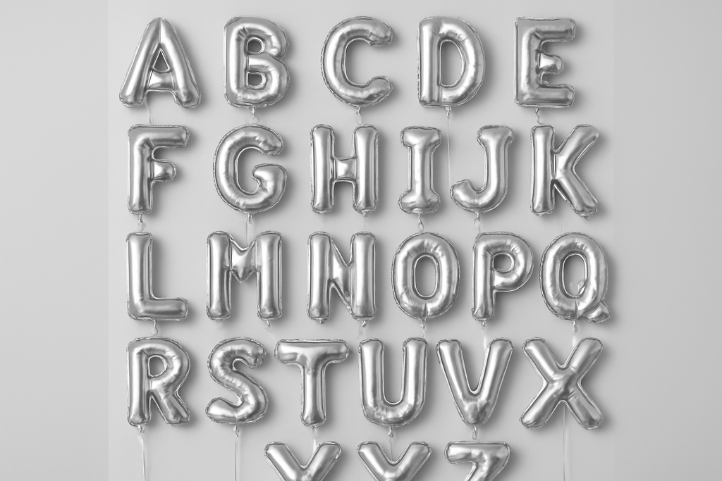 Silver helium balloons in the shape of letters A through Z in a square format