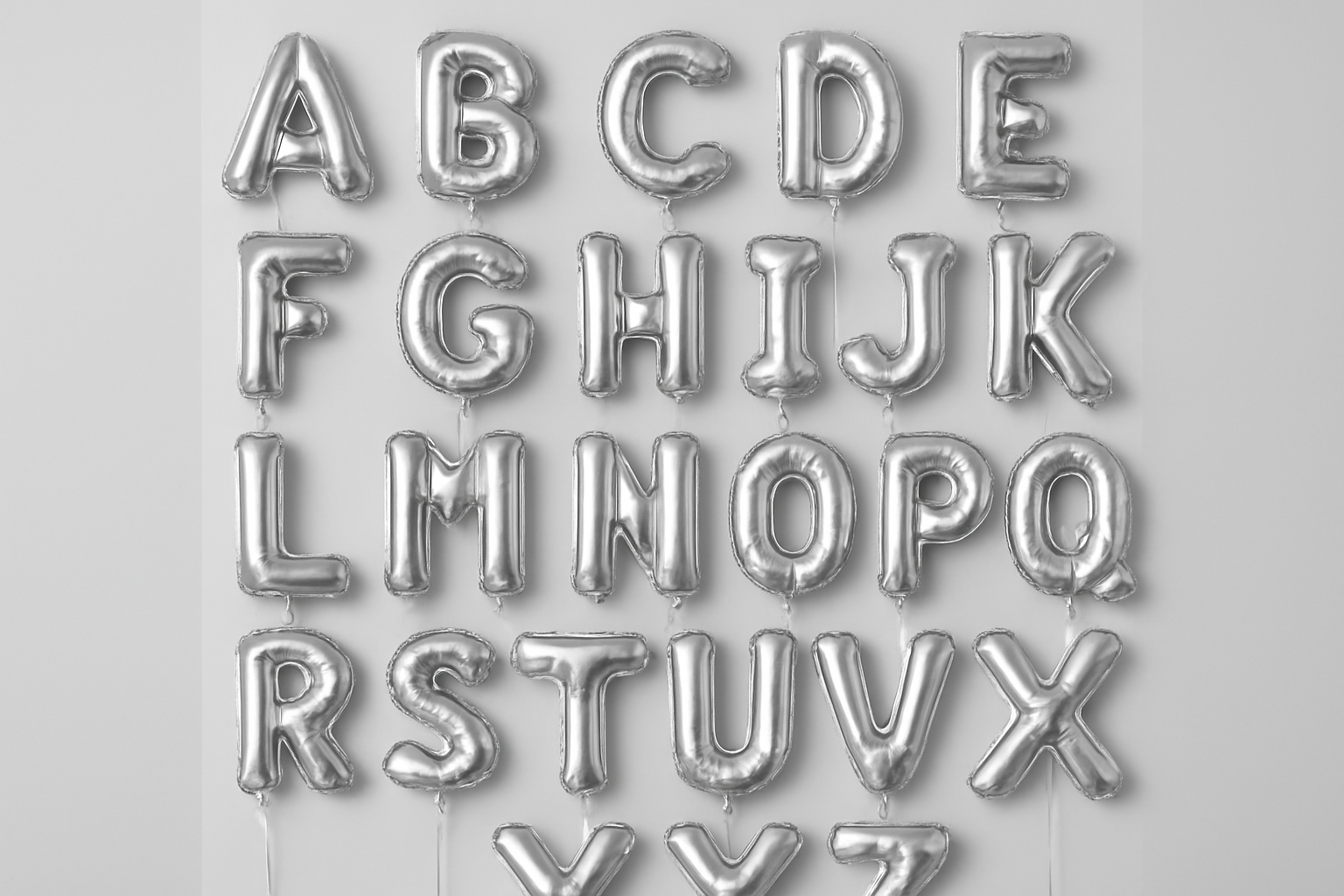 Silver helium balloons in the shape of letters A through Z in a square format