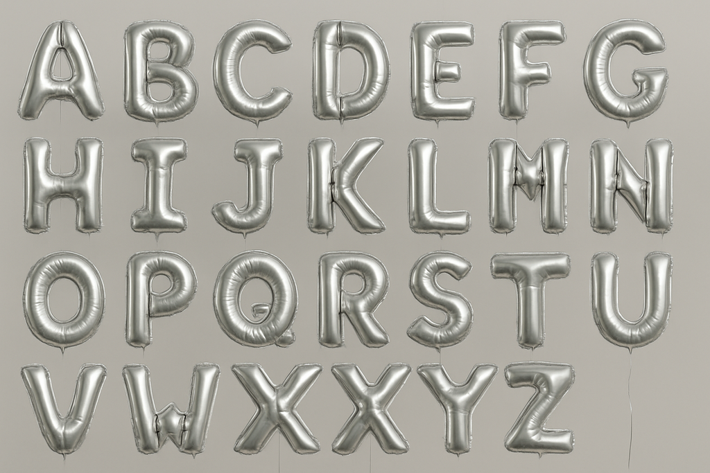 Silver helium balloons in the shape of letters A through Z