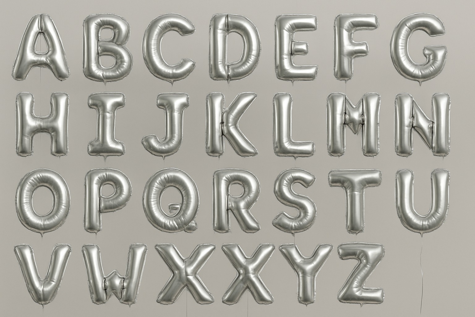 Silver helium balloons in the shape of letters A through Z