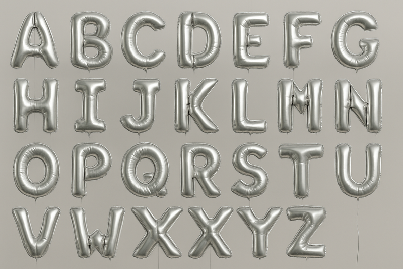 Silver helium balloons in the shape of letters A through Z