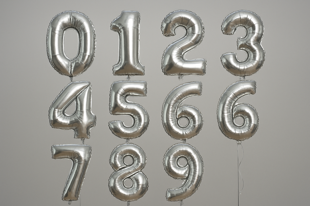 Silver helium balloons in the shape of numbers 0 through 9 in a square format
