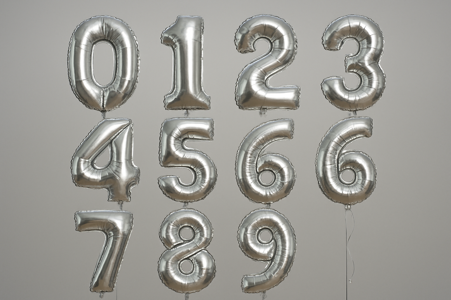 Silver helium balloons in the shape of numbers 0 through 9 in a square format