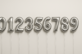 Silver helium balloons in the shape of numbers 0 through 9