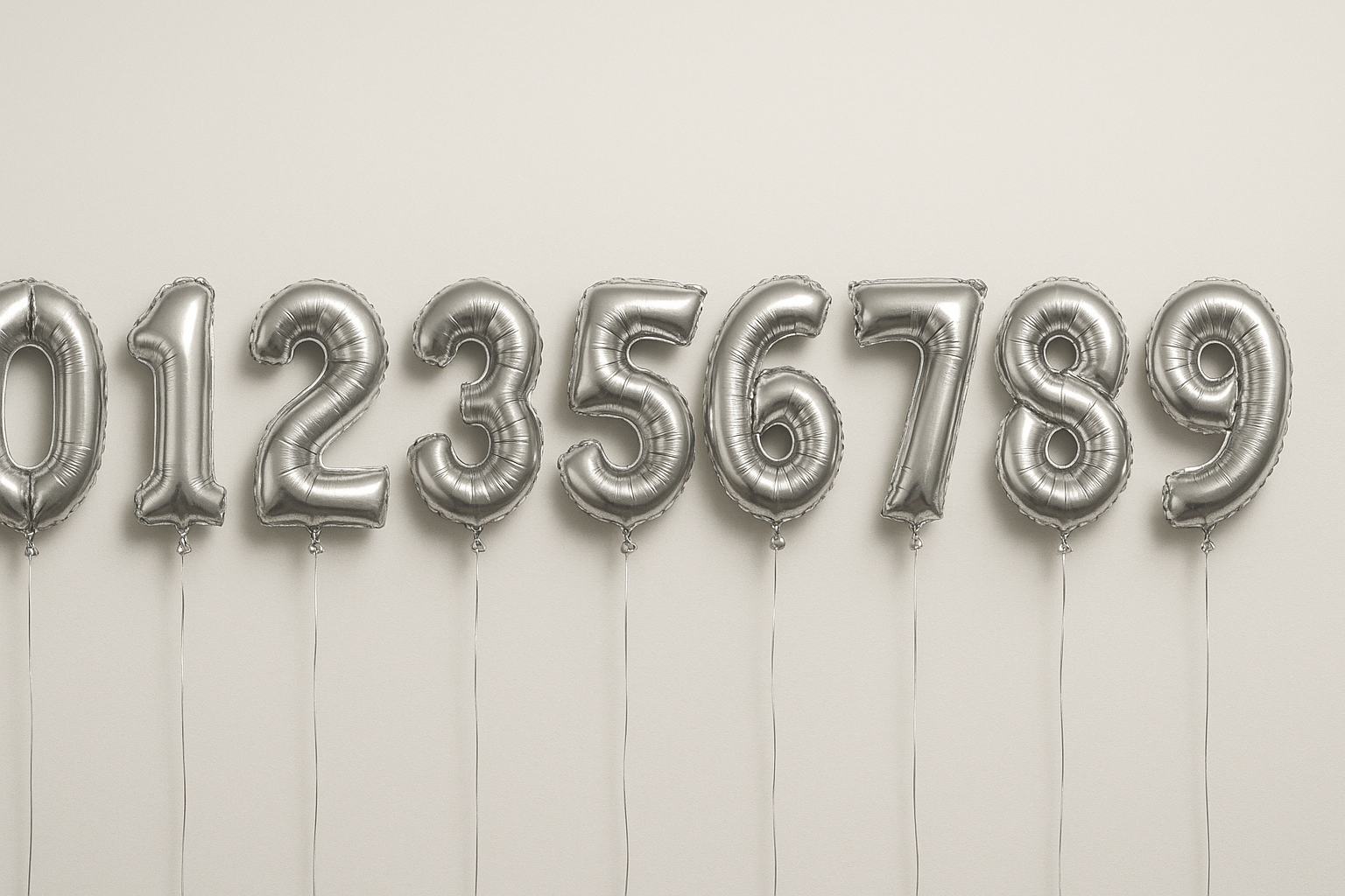 Silver helium balloons in the shape of numbers 0 through 9