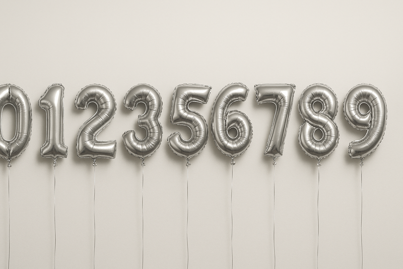 Silver helium balloons in the shape of numbers 0 through 9