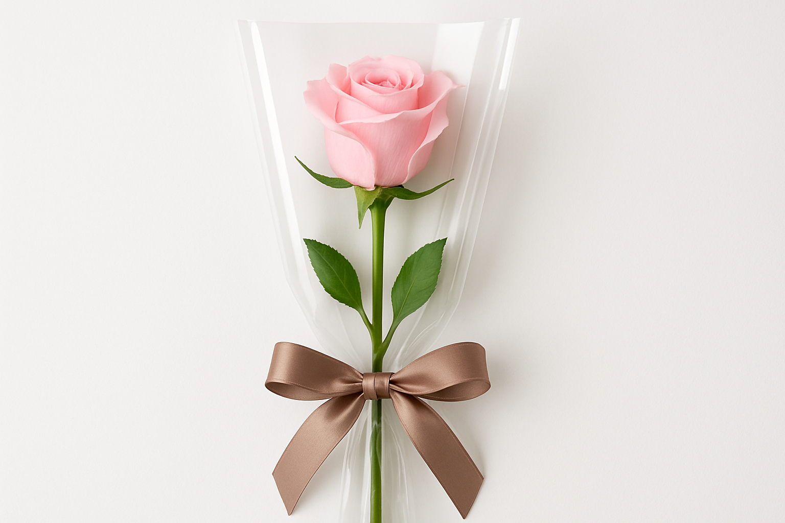 A single elegant pink rose with beautiful gift wrapping