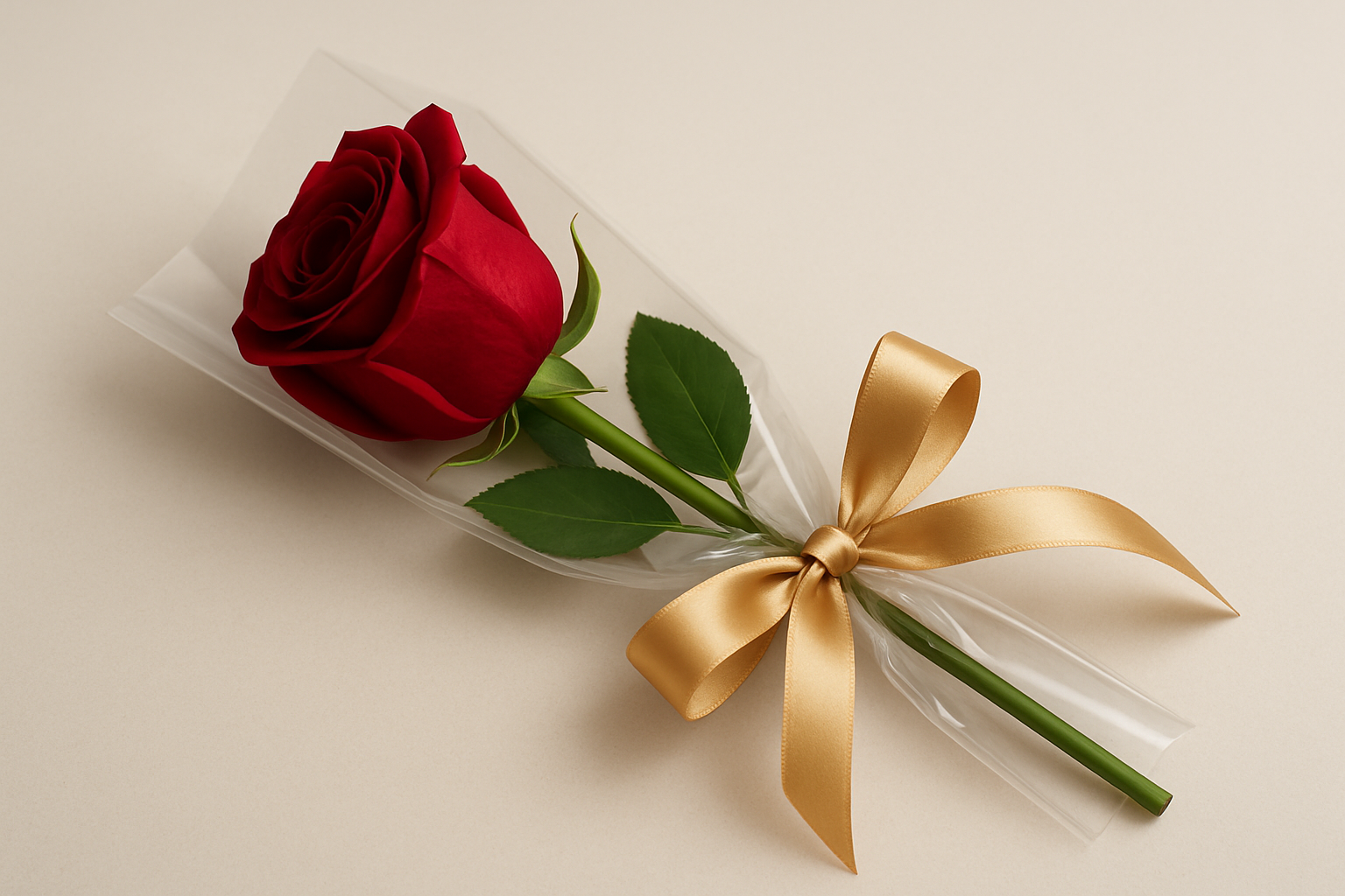 Single Red Rose elegantly wrapped with a gold ribbon for special occasions
