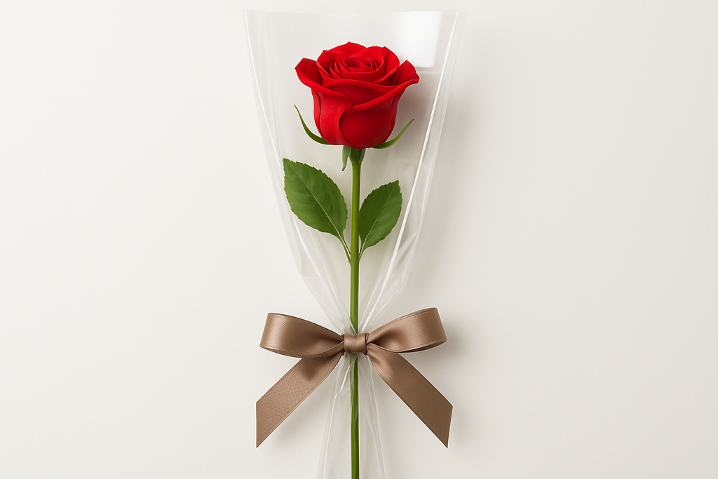 Single Red Rose elegantly wrapped in clear packaging with a brown ribbon for gifting