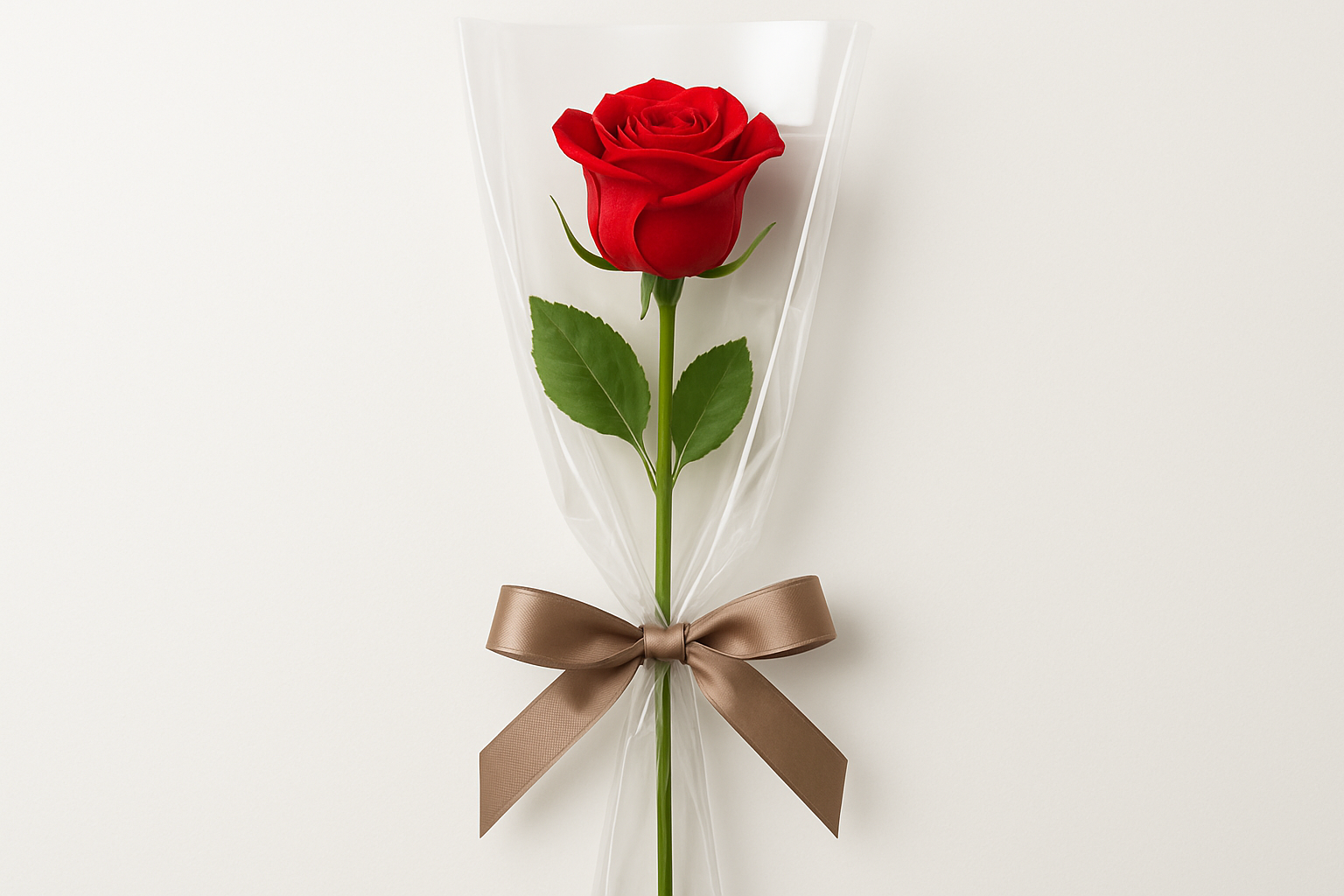 Single Red Rose elegantly wrapped in clear packaging with a brown ribbon for gifting