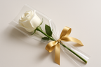 Single White Rose elegantly wrapped in clear packaging with a gold ribbon bow