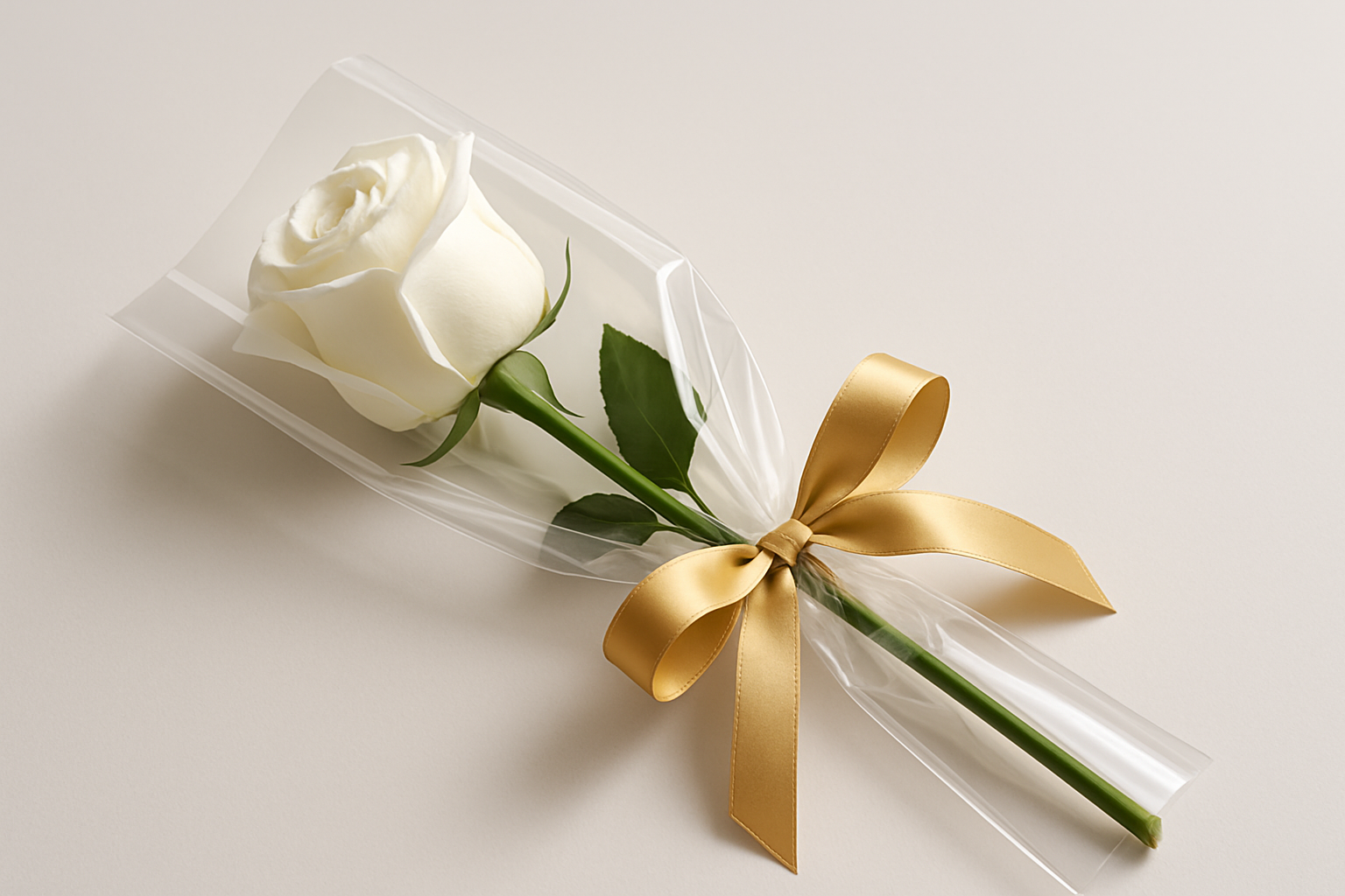 Single White Rose elegantly wrapped in clear packaging with a gold ribbon bow