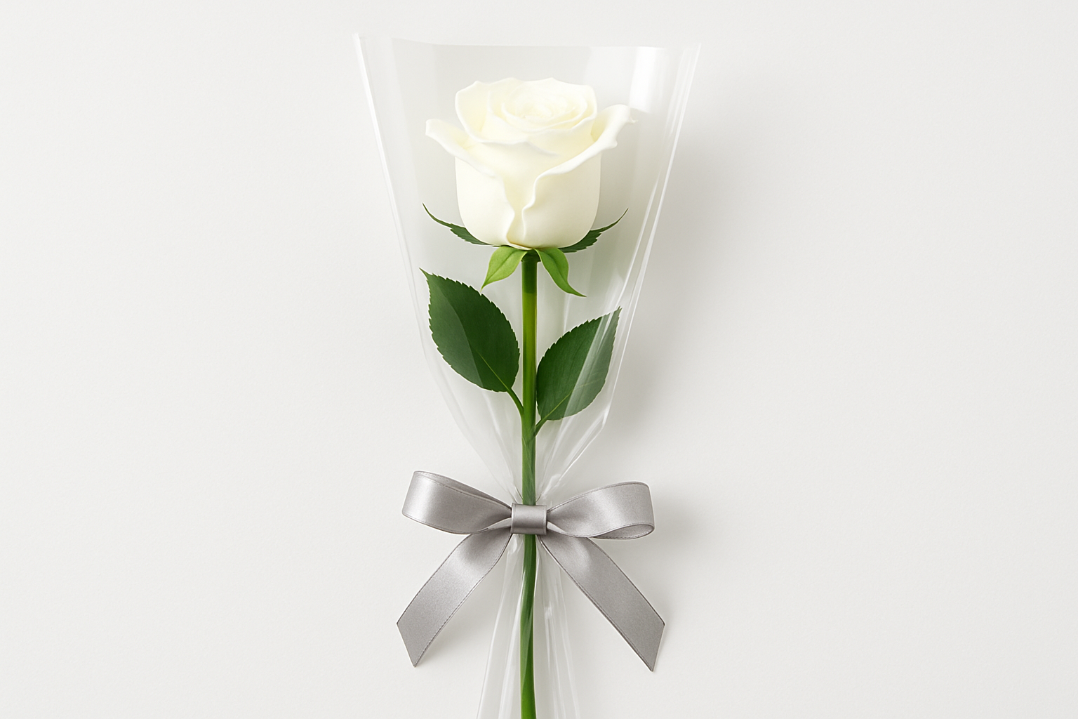 Single White Rose elegantly wrapped with a ribbon bow, perfect for special occasions