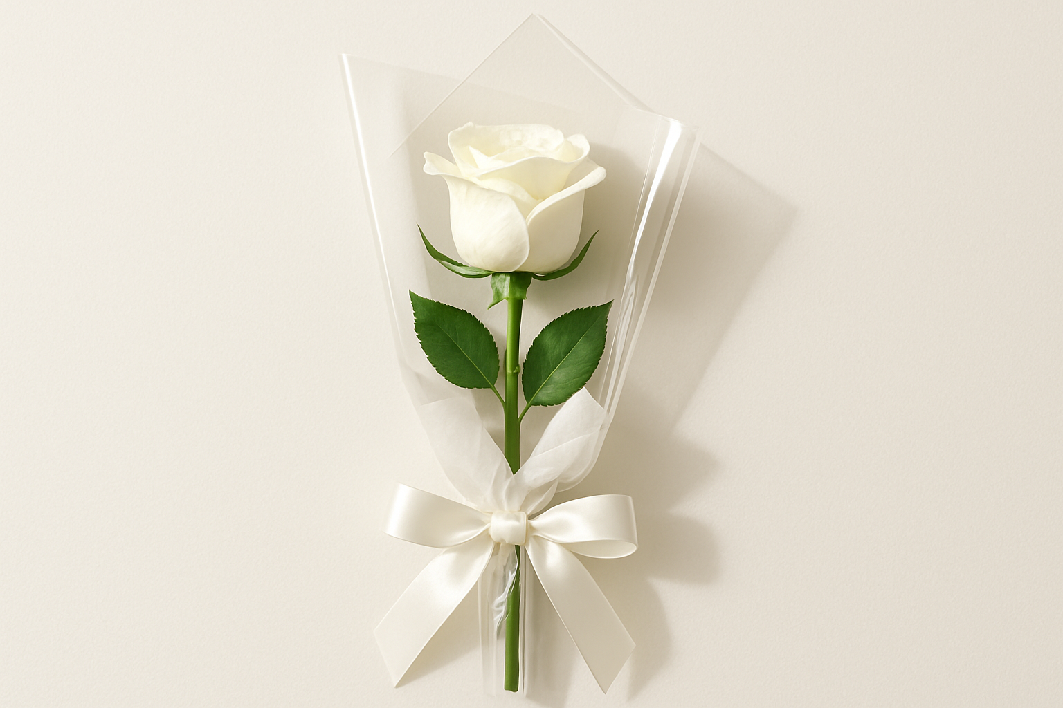 Elegant Single White Rose wrapped in clear plastic with a satin bow for gifting