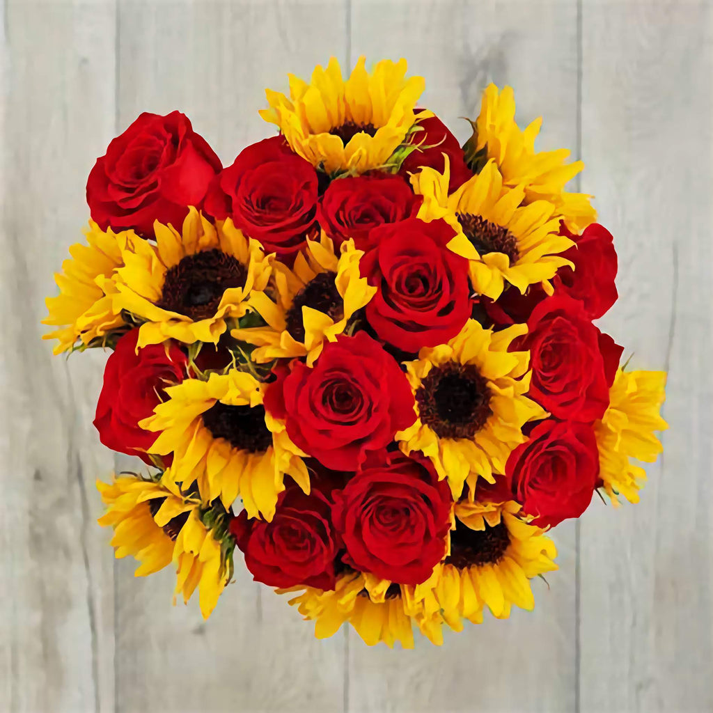 Vibrant Sunflowers and Roses Hand Bouquet with Fresh Greenery for Special Occasions