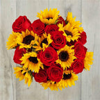 Vibrant Sunflowers and Roses Hand Bouquet with Fresh Greenery for Special Occasions