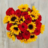 Vibrant Sunflowers and Roses Hand Bouquet with Fresh Greenery for Special Occasions