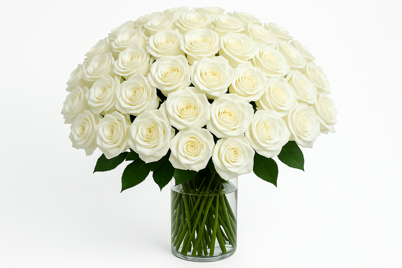 Bouquet of white roses in a clear vase on a white background