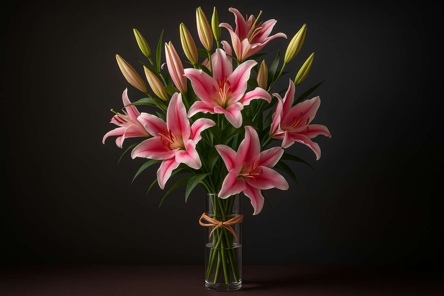 Bouquet of pink lilies in a clear vase on a dark background