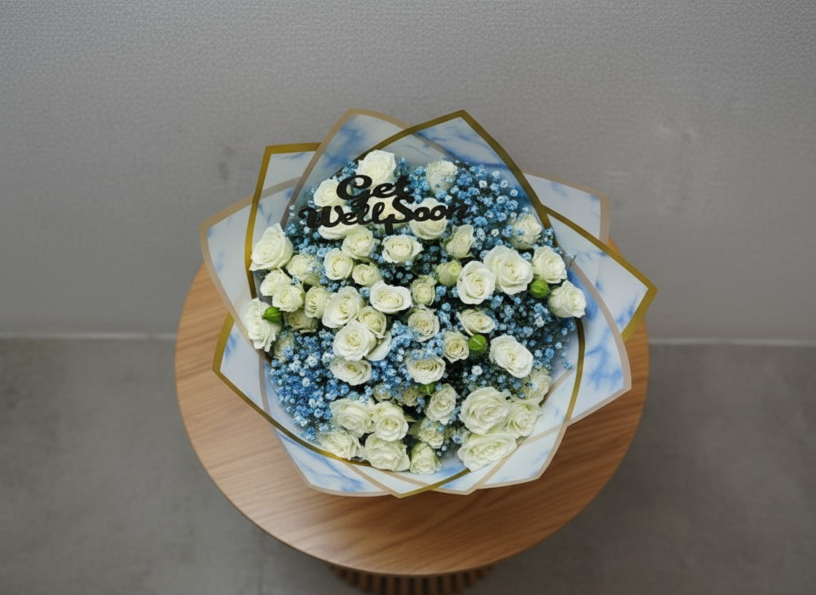 White Baby Rose Bouquet Overhead View