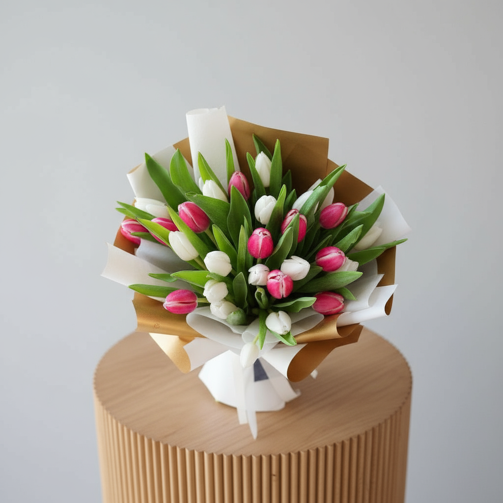 White Pink Tulips Top View - Hand Bouquet Arrangement
