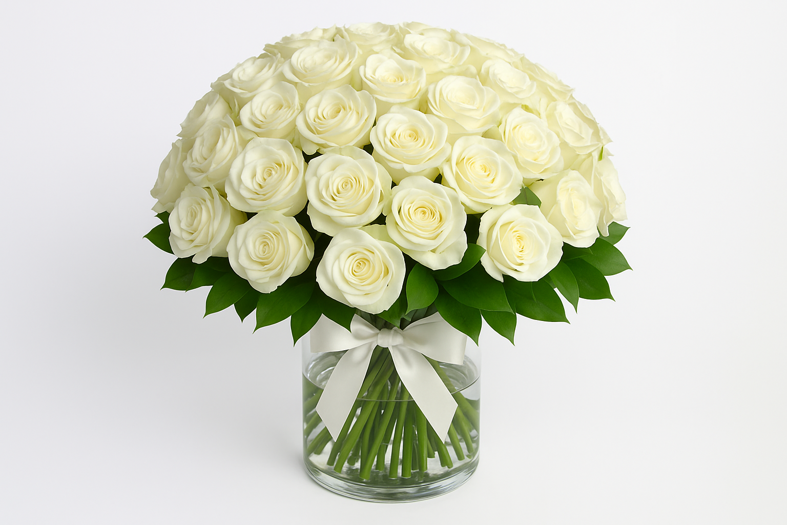 White Rose Arrangement in Glass Vase